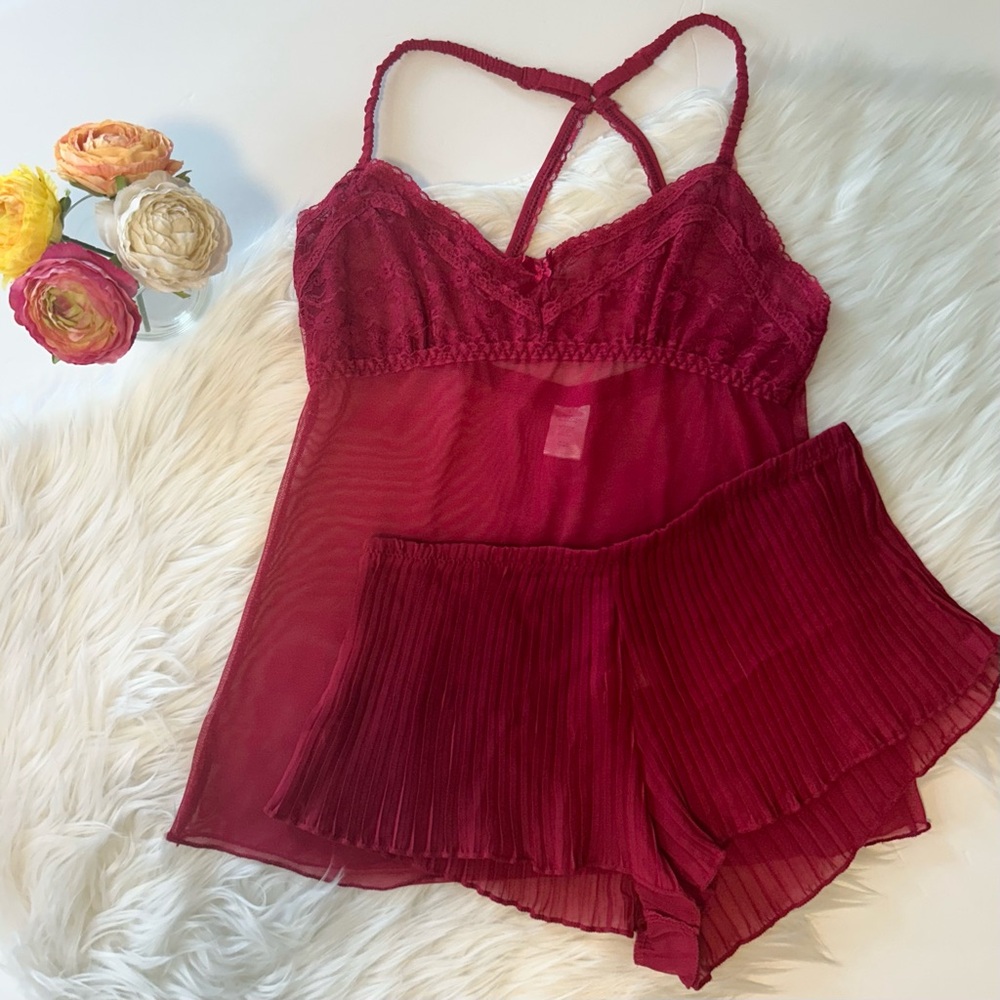 Pajama Set Red Fluted Shorts Camisole Sheer Lace Large